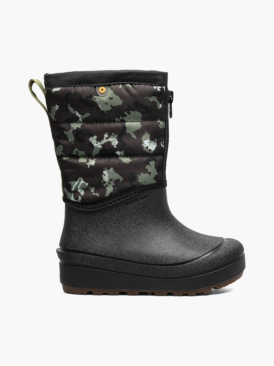 winterlaarzen voor kinderen met sneeuwschelp rits en camouflageprint zwart met meerdere kleuren.