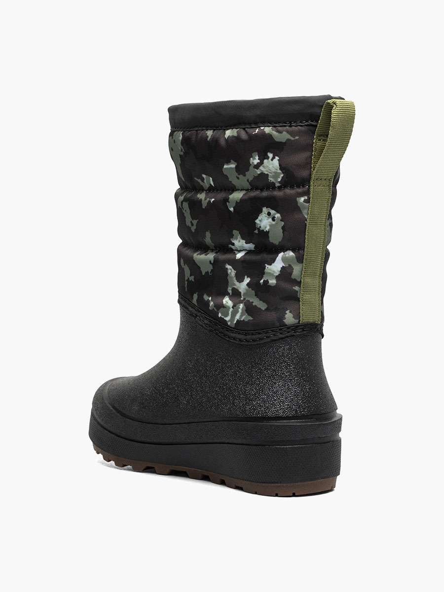 winterlaarzen voor kinderen met sneeuwschelp rits en camouflageprint zwart met meerdere kleuren.