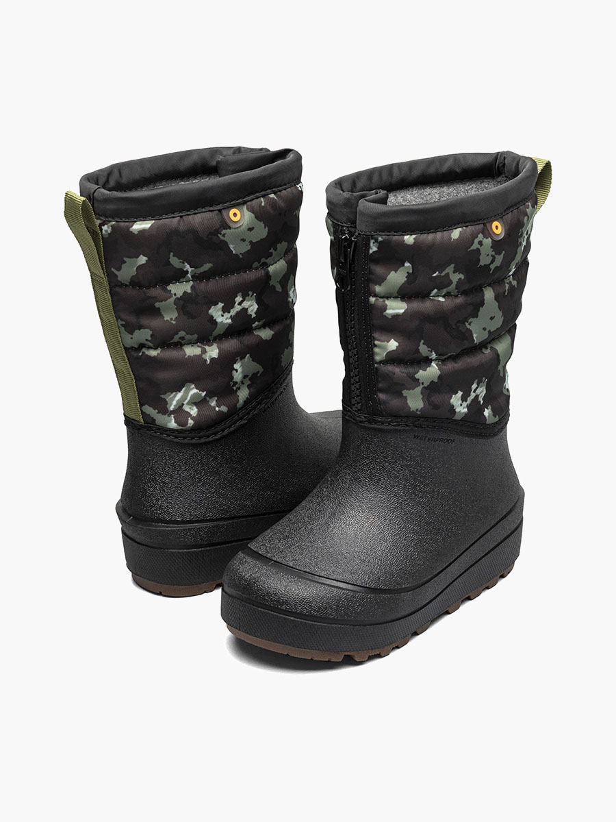 winterlaarzen voor kinderen met sneeuwschelp rits en camouflageprint zwart met meerdere kleuren.