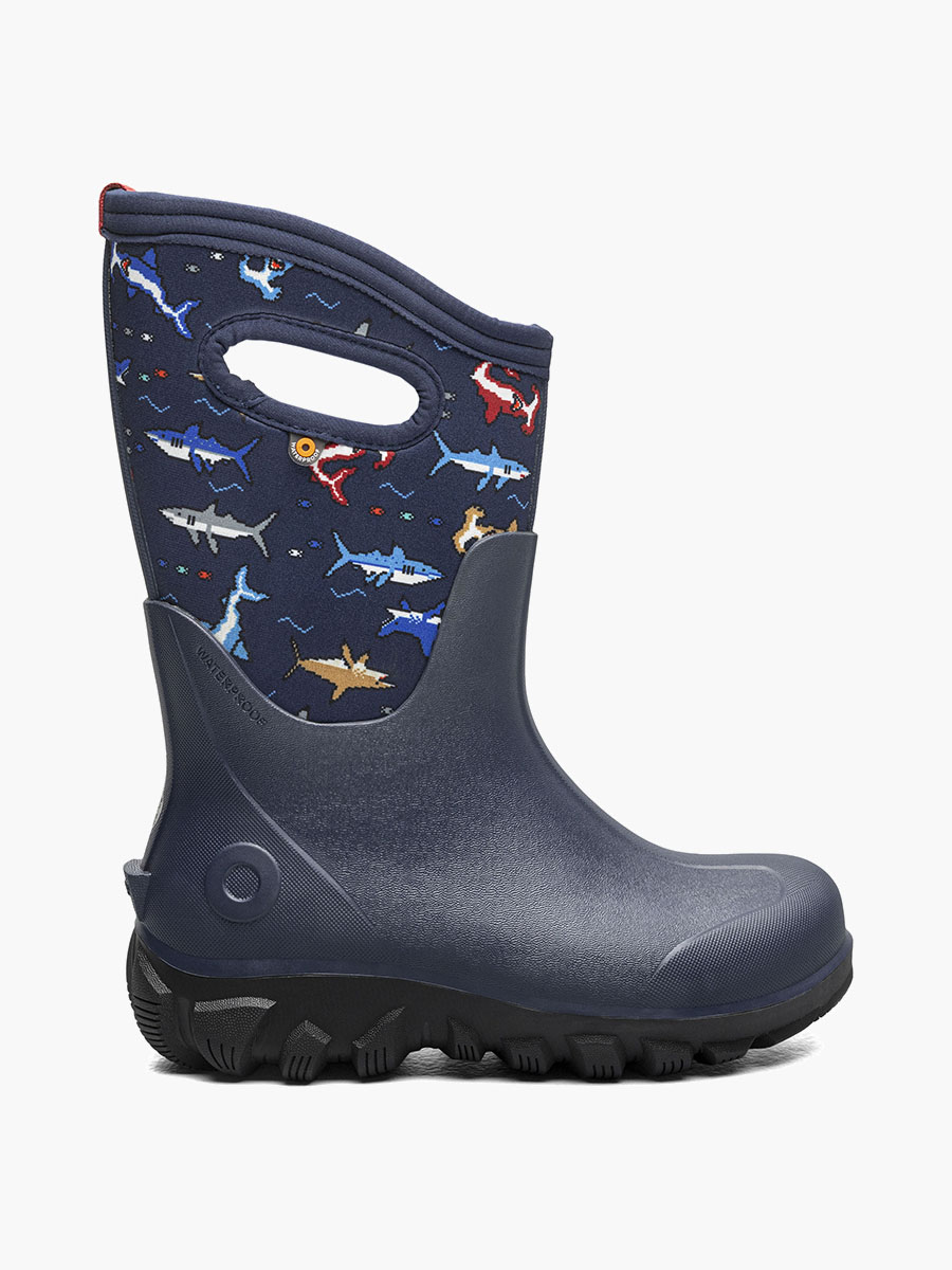 klassieke naadloze pixel shark kinderwinterlaarzen in marineblauw met meerdere kleuren.