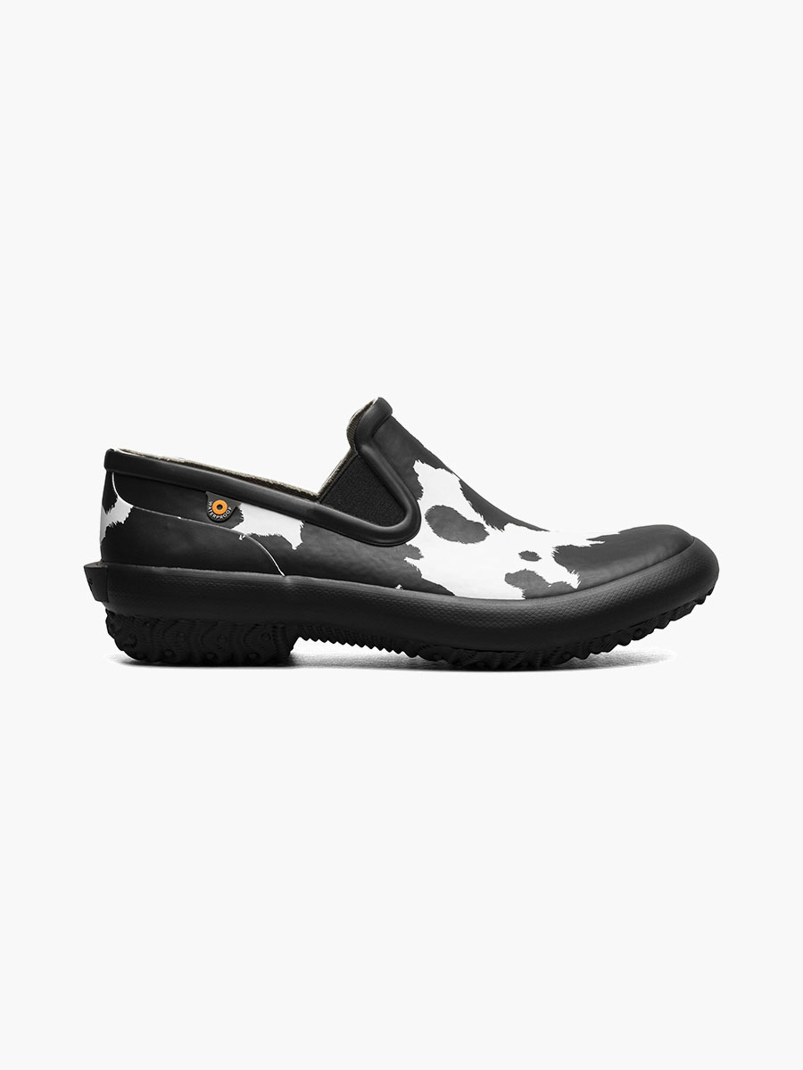 patch slip on cow dames tuinlaarzen zwart met wit