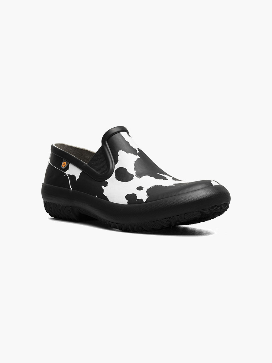 patch slip on cow dames tuinlaarzen zwart met wit
